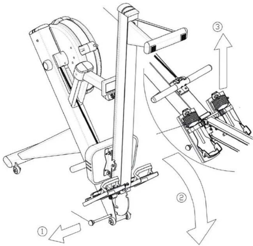 Technical diagram of a stationary exercise machine with numbered components and directional arrows indicating motion or assembly.