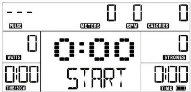 PULSE 0 METERS SPM CALORIES 0 WATTS 0:00 START 0 STROKES 0:00 TIME/50CM 0:00 TIME