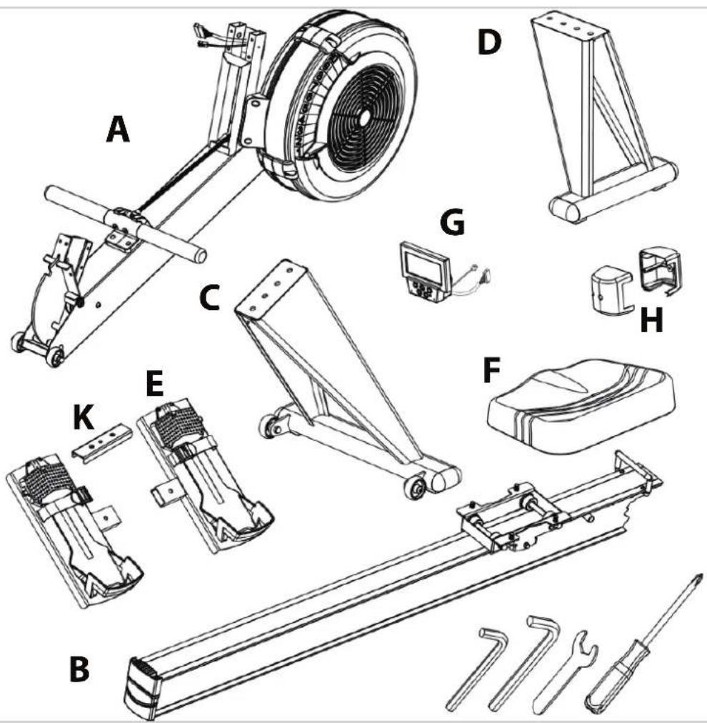 Technical diagram of mechanical components with labeled parts A through H, including levers, levers, and tools.