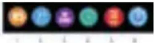 Seven colored circular icons arranged horizontally on a black background (no text or symbols)
