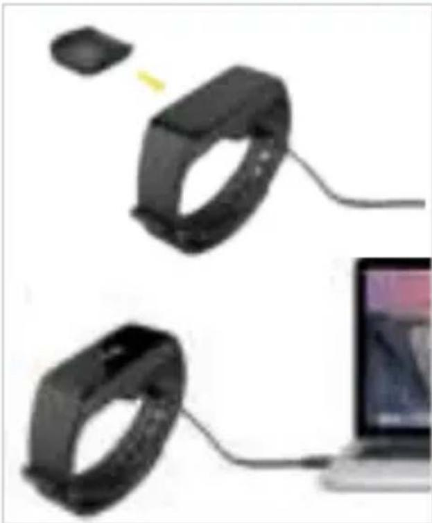 Two black circular devices connected by a cable to a laptop, with one device emitting a yellow light (no text or symbols visible)