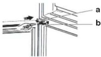 Technical diagram showing a mechanical assembly with labeled parts a and b, likely illustrating a joint or connection mechanism.