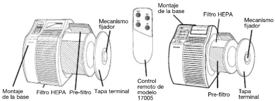 Mecanismo fijador Montaje de la base Filtro HEPA Pre-filtro Tapa terminal Control remoto de modelo 17005 Montaje de la base Filtro HEPA Pre-filtro Tapa terminal Mecanismo fijador