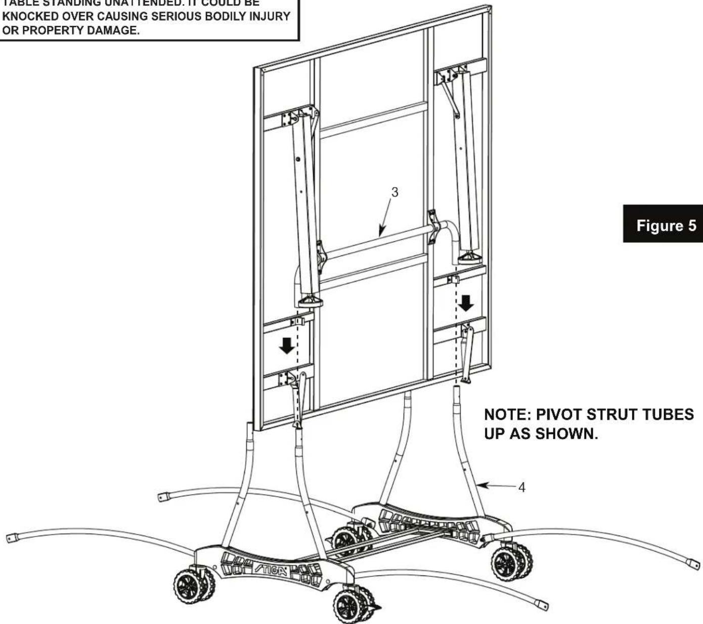 TABLE STANDING UNATTENDED. IT COULD BE KNOCKED OVER CAUSING SERIOUS BODILY INJURY OR PROPERTY DAMAGE. Figure 5 NOTE: PIVOT STRUT TUBES UP AS SHOWN.