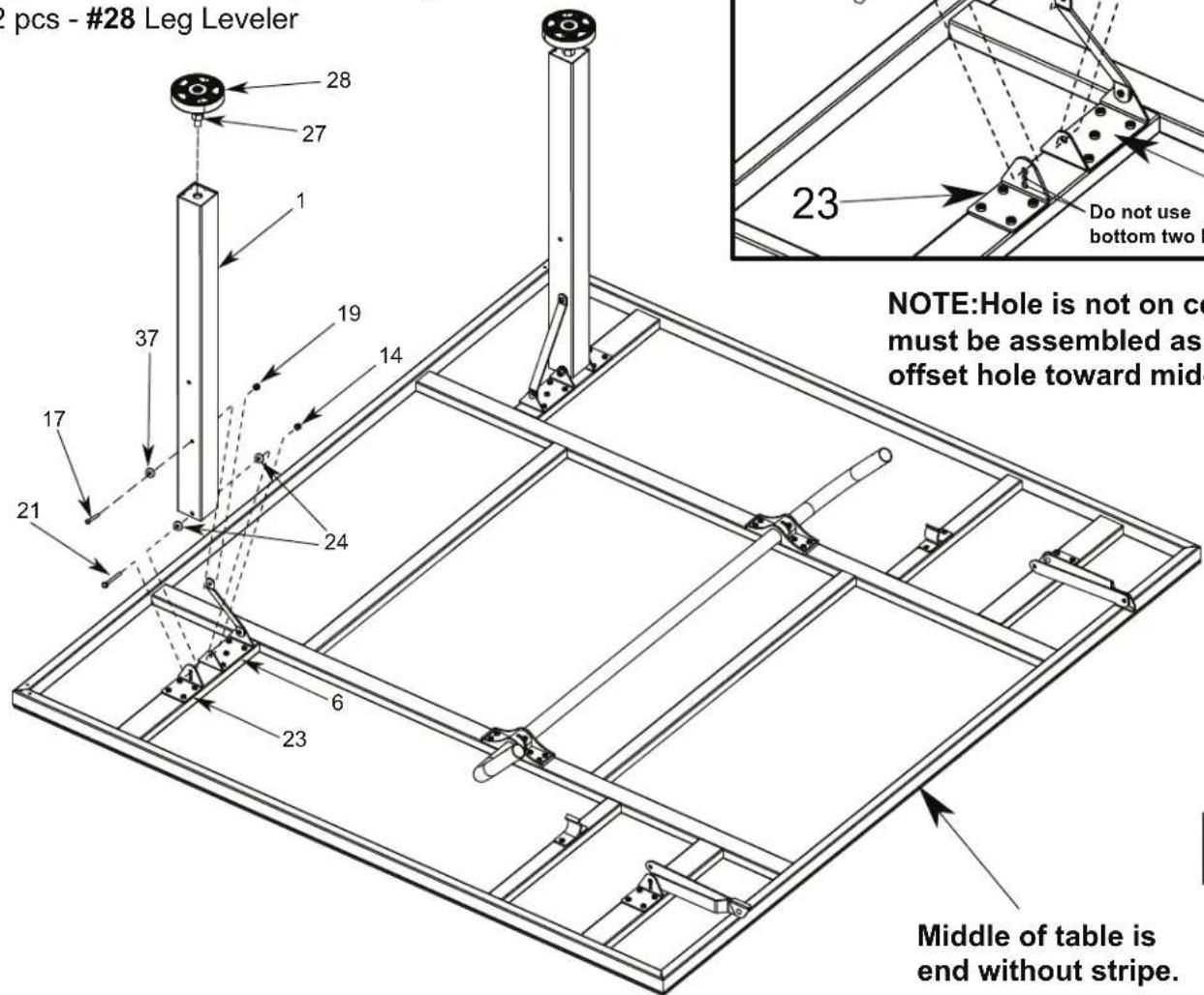 pcs - #28 Leg Leveler 28 27 1 37 19 14 23 Do not use bottom two h NOTE:Hole is not on ce must be assembled as offset hole toward midc Middle of table is end without stripe.