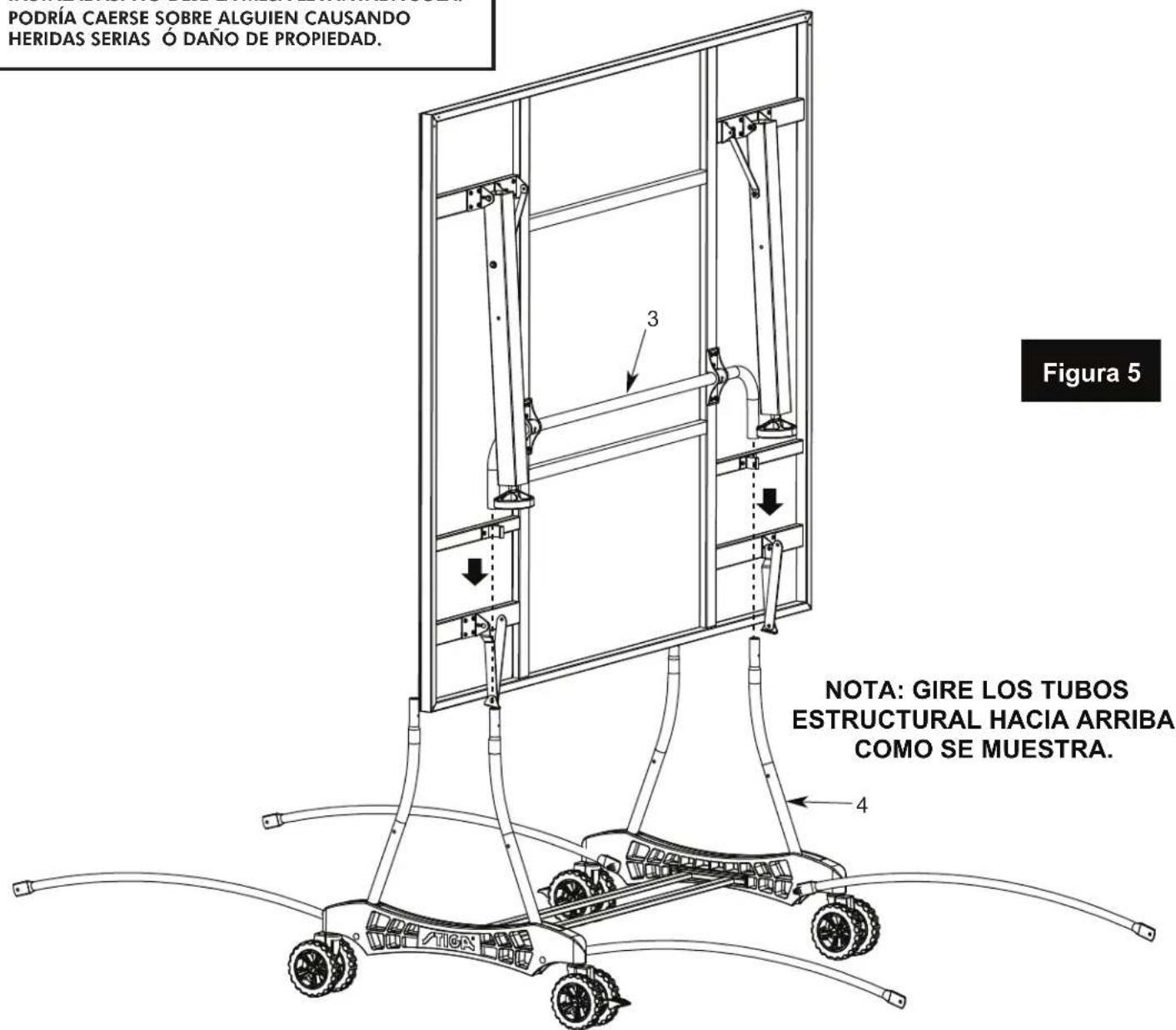 PODRÍA CAERSE SOBRE ALGUIEN CAUSANDO HERIDAS SERIAS Ó DAÑO DE PROPIEDAD. Figura 5 NOTA: GIRE LOS TUBOS ESTRUCTURAL HACIA ARRIBA COMO SE MUESTRA.