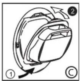 Diagram of a backpack with labeled parts and directional arrows indicating movement or rotation