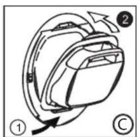 Diagram of a backpack with labeled parts and directional arrows indicating movement or rotation