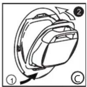 Diagram of a device with labeled parts and directional arrows indicating motion or movement