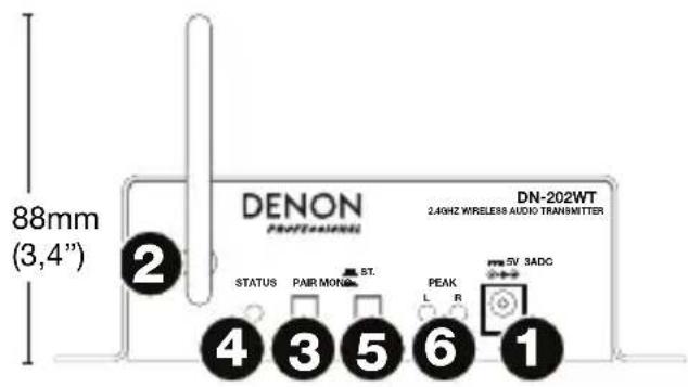 88mm (3,4") DENON PROFESSIONAL DN-202WT 2.4GHz WIRELESS AUDIO TRANSMITTER STATUS PAIR MON ST. PEAK L R 5V 3ADC 1 2 3 4 5 6