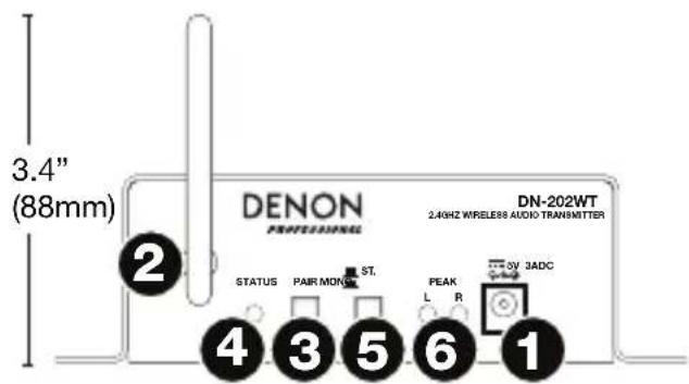 3.4" (88mm) DENON PROFESSIONAL DN-202WT 2.40HZ WIRELESS AUDIO TRANSMITTER STATUS PAIR MONI ST. PEAK L R 5V 3ADC 1 2 3 4 5 6