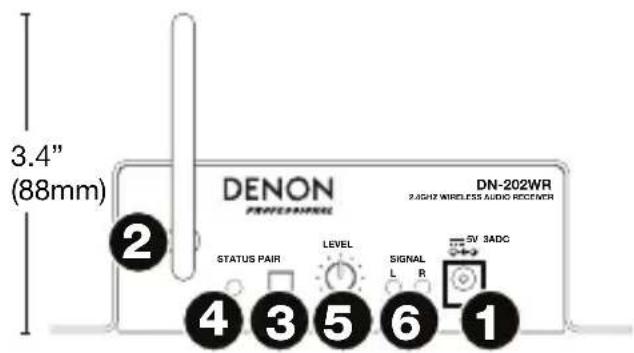 3.4" (88mm) DENON PROFESSIONAL DN-202WR 2.6GHz WIRELESS AUDIO RECOENER STATUS PAIR LEVEL SIGNAL L R 5V 3ADC 1 2 3 4 5 6