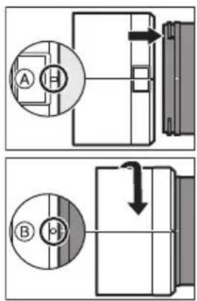 Technical diagram showing two mechanical assembly states with labeled components A and B, including directional arrows indicating movement or force.