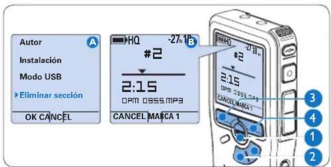 Autor Instalación Modo USB ▶ Eliminar sección OK CANCEL HQ -27h 18° #2 2:15 OPM 0955.MP3 CANCEL MARCA 1 HQ -27h 18° #2 2:15 OPM 0955.MP3 CANCEL MARCA 1 3 4 1 2