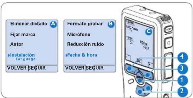 Eliminar dictado A Fijar marca Autor Instalación Language VOLVER SEGUIR Formato grabar B Micrófono Reducción ruido Fecha & hora VOLVER SEGUIR FECHA: 2007-10-01 12/26. 24 HORA: 14.22 OK C 4 3 1 2