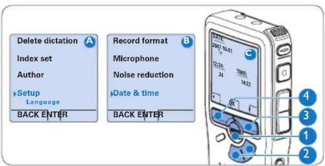 Delete dictation Index set Author Setup Language BACK ENTER Record format Microphone Noise reduction Date & time BACK ENTER DATE: 2007.10.01 12/26: 24 TIME: 14:22 OK 4 3 1 2