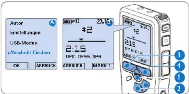 Autor Einstellungen USB-Modus Abschnitt löschen OK ABBRUCH HQ -27.1B #2 2:15 OPM 0955.mp3 ABBRUCH MARK 1 HQ -27.1B #2 2:15 OPM 0955.mp3 ABBRUCH MARK 1 3 4 1 2