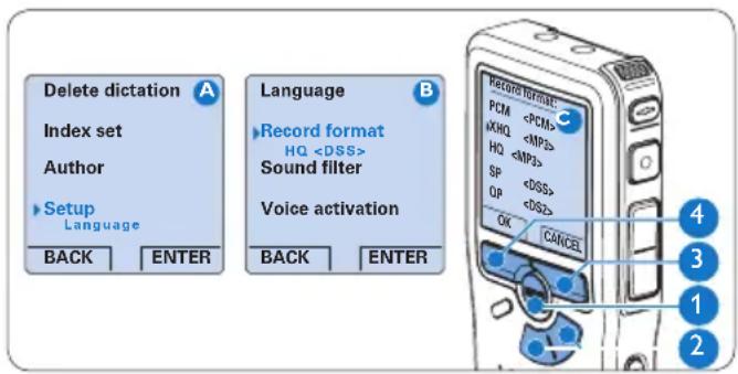 Delete dictation Index set Author Setup Language BACK ENTER Language Record format HQ Sound filter Voice activation BACK ENTER Record format: PCM xHQ HQ SP OP OK CANCEL 4 3 1 2