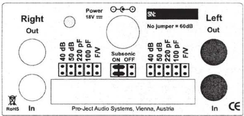 Right Out Power 18V == SN: No Jumper = 60dB Left Out 40 dB 50 dB 220 pF 100 pF F/V Subsonic ON OFF 40 dB 50 dB 220 pF 100 pF F/V RoHS In Pro-Ject Audio Systems, Vienna, Austria In CE