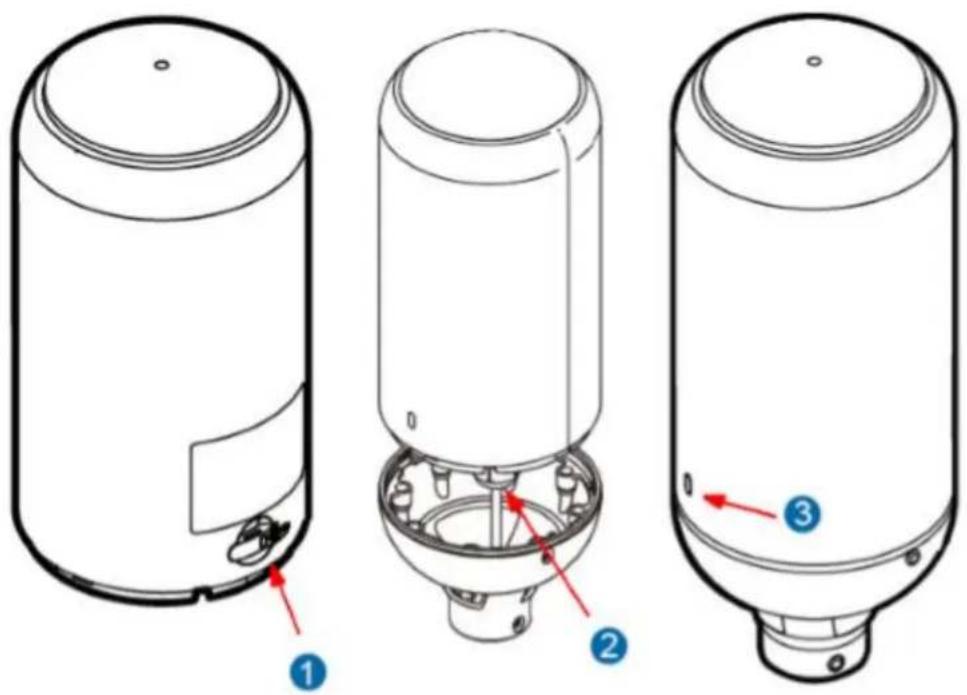 Technical diagram of a three-cylinder engine with labeled parts and directional arrows indicating assembly or component.