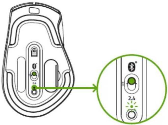 Diagram of a device rear panel with labeled ports and a magnified inset showing two connected buttons with green indicator lights.