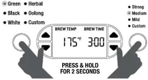 Green • Herbal • Black • Oolong • White • Custom BREW TEMP 175°F 3:00 BREW TIME • Strong • Medium • Mild • Custom PRESS & HOLD FOR 2 SECONDS