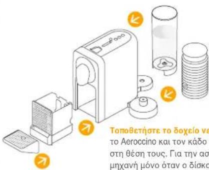 Τοποθετήσε το δοχείο νε το Αεροσείο και τον κάδο γι στη θέση τους. Για την ασ μηχανή μόνο όταν ο δίακο