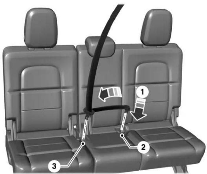 Diagram of car seatbelt buckle assembly with numbered instructions for lifting a seatbelt