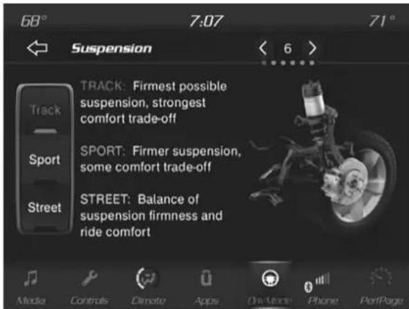 68° 7:07 71° Suspension Track: Firmest possible suspension, strongest comfort trade-off Sport: Firmer suspension, some comfort trade-off Street: Balance of suspension firmness and ride comfort