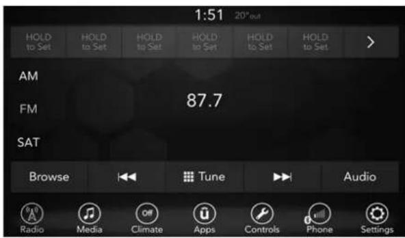 1:51 20° out HOLD to Set HOLD to Set HOLD to Set HOLD to Set HOLD to Set > AM FM 87.7 SAT Browse Tune Audio Radio Media Climate Apps Controls Phone Settings