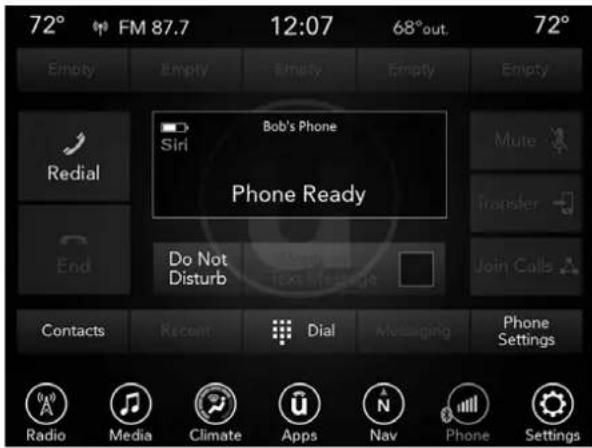 72° FM 87.7 12:07 68° out. 72° Empty Empty Empty Empty Empty Redial Siri Bob's Phone Mute Transfer Join Calls End Do Not Disturb Text Message Contacts Recent Dial Messaging Phone Settings Radio Media Climate Apps Nav Phone Settings