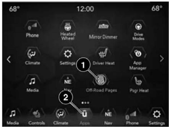 68° 12:00 68° Phone Heated Wheel Mirror Dimmer Drive Modes Climate Settings Driver Heat App Manager Media NE Off-Road Pages Pagr Heat Media Controls Climate Apps Nav Phone Settings
