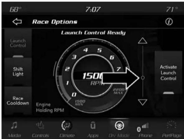 68° 7:07 71° Race Options Launch Control Ready Launch Control Shift Light Race Cooldown Engine Holding RPM 1500 RPM 2200 MAX Activate Launch Control Media Controls Climate Apps Dry Mode Phone PerfPage