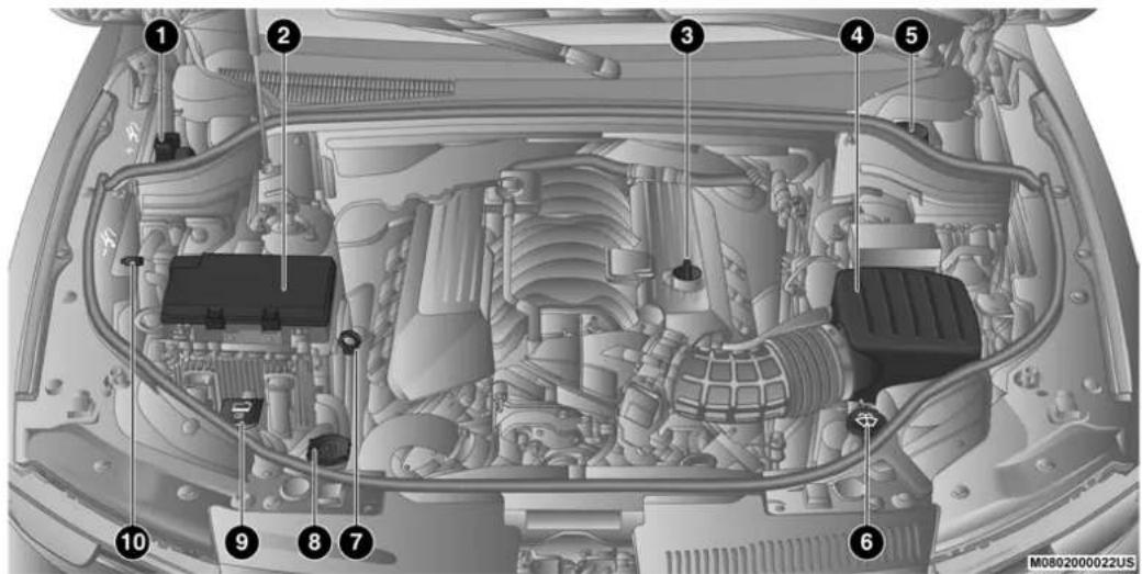 Technical diagram of a car engine bay with numbered components for identification