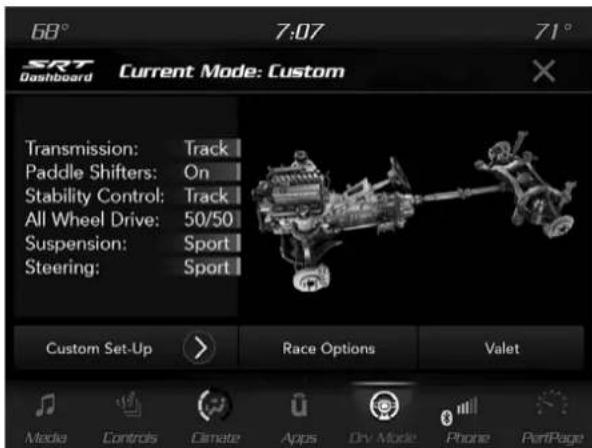 68° 7:07 71° SRT Dashboard Current Mode: Custom Transmission: Track Paddle Shifters: On Stability Control: Track All Wheel Drive: 50/50 Suspension: Sport Steering: Sport Custom Set-Up > Race Options Valet Media Controls Climate Apps Dry Mode Phone PortPage