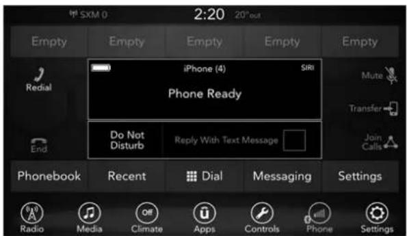 SXM 0 2:20 20° out Empty Empty Empty Empty Empty iPhone (4) SIRI Phone Ready Do Not Disturb Reply With Text Message Phonebook Recent Dial Messaging Settings Radio Media Climate Apps Controls Phone Settings