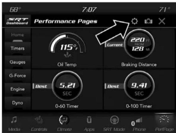 68° 7:07 71° SRT Dashboard Performance Pages Home Timers Gauges G-Force Engine Dyno 115° Oil Temp Current 220 FT FROM 128 MI Braking Distance Best 5.21 SEC Best 9.41 SEC 0-60 Timer 0-100 Timer Media Controls Climate Apps SRT Mode Phone PerfPage