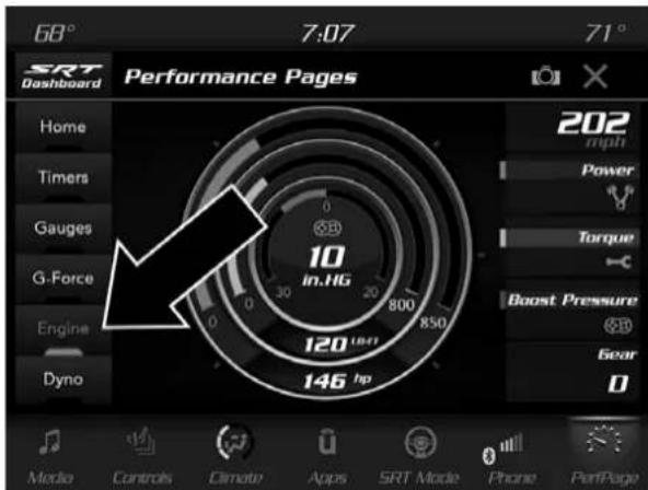 68° 7:07 71° SRT Dashboard Performance Pages Home Timers Gauges G-Force Engine Dyno 202 mph Power Torque Boost Pressure Gear 0 10 in.HG 120 146 hp 30 800 850 146 hp Media Controls Climate Apps SRT Mode Phone PerfPage
