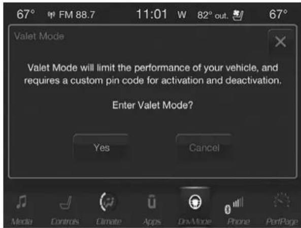 67° FM 88.7 11:01 W 82° out. 67° Valet Mode Valet Mode will limit the performance of your vehicle, and requires a custom pin code for activation and deactivation. Enter Valet Mode? Yes Cancel Media Controls Climate Apps On/Mode Phone PerfPage