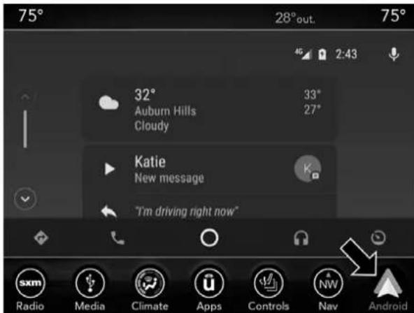 75° 28° out. 75° 32° Auburn Hills Cloudy 33° 27° Katie New message "I'm driving right now" Radio Media Climate Apps Controls NW Android