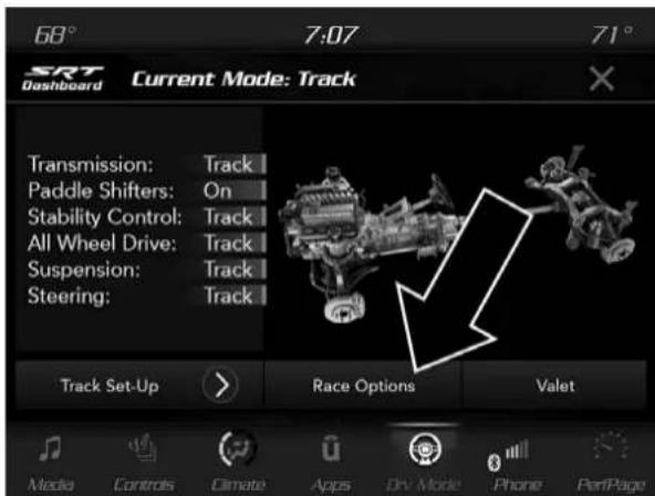 68° 7:07 71° SRT Dashboard Current Mode: Track Transmission: Track Paddle Shifters: On Stability Control: Track All Wheel Drive: Track Suspension: Track Steering: Track Track Set-Up > Race Options Valet Media Controls Climate Apps Div Mode Phone PartPage
