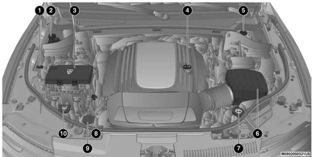 Technical diagram of a car engine bay with numbered components for identification