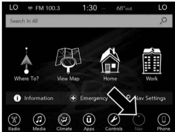 LO FM 100.3 1:30 68°out. LO Search In All Where To? View Map Home Work Information + Emergency Nav Settings Radio Media Climate Apps Controls Nav Phone