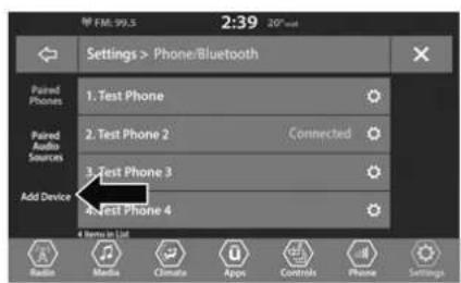 Settings > Phone/Bluetooth Paired Phones 1. Test Phone 2. Test Phone 2 3. Test Phone 3 4. Test Phone 4 Paired Audio Sources Add Device a Items to List Radio Media Climate Apps Controls Phone Settings