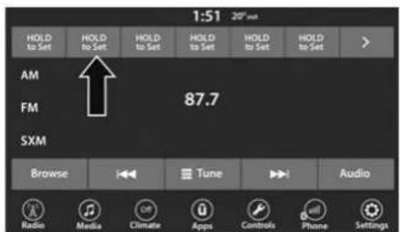 1:51 20" post HOLD to Set HOLD to Set HOLD to Set HOLD to Set HOLD to Set > AM FM 87.7 SXM Browse Tune Audio Radio Media Climate Apps Controls Off Phone Settings