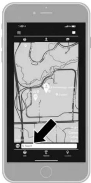 Smartphone screenshot showing a map interface with location markers and a black arrow pointing to a data entry field labeled 'Sanskoff'.