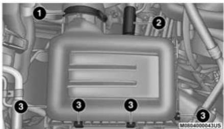 Technical diagram of a vehicle engine compartment with numbered parts and model identifier M0804000043U5