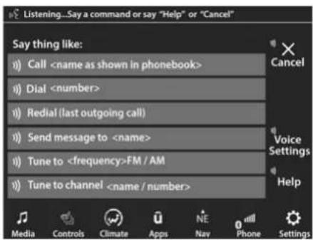Listening...Say a command or say "Help" or "Cancel" Say thing like: Call Dial Redial (last outgoing call) Send message to Tune to FM / AM Tune to channel Media Controls Climate Apps NE Nav Phone Settings