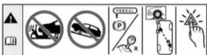 Warning symbols and icons including no smoking, no alcohol, a hand pointing to a warning sign, and a phone with a magnifying glass.