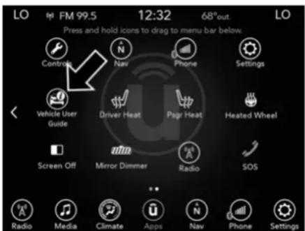 LO FM 99.5 12:32 68°out Press and hold icons to drag to menu bar below. Controls N Nav Phone Settings Vehicle User Guide Driver Heat Page Heat Heated Wheel Screen Off Mirror Dimmer Radio SOS Radio Media Climate Apps Nav Phone Settings